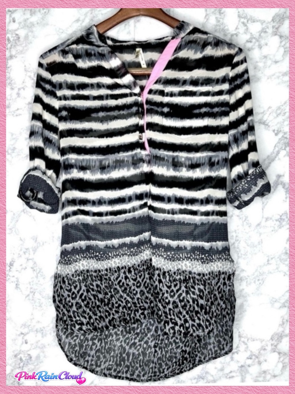 Live 4 Truth Sheer Animal Print Blouse Juniors’ Medium Black White